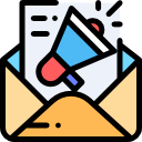 Icono de un sobre con un altavoz y documentos, representando el concepto de marketing por correo electrónico y comunicación digital.