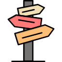 Señales de dirección coloridas en un poste, representando diferentes caminos y opciones, ideal para ilustrar decisiones o guías de viaje.