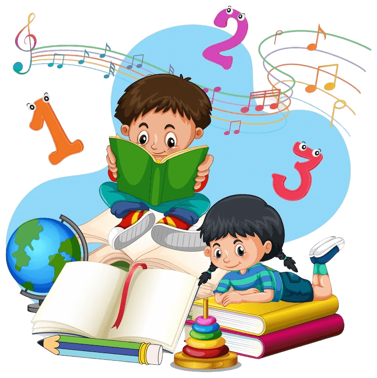 Niños aprendiendo a leer y jugar con libros, un globo terráqueo y juguetes educativos, rodeados de notas musicales y números. Ideal para ilustrar la educación infantil y el desarrollo cognitivo.
