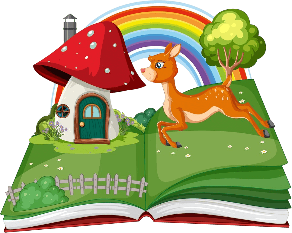 Ilustración de un libro abierto con un paisaje mágico, que incluye una casa de hongos, un ciervo corriendo y un arcoíris en el fondo. Ideal para cuentos infantiles y material educativo.