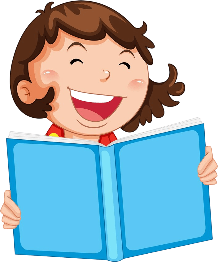 Niña sonriente sosteniendo un libro azul abierto, disfrutando de la lectura. Ilustración colorida que refleja la alegría y el amor por los libros.