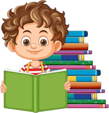 Niño sonriente con cabello rizado, sosteniendo un libro verde frente a una pila de libros de colores en un fondo claro, promoviendo la lectura y la educación.