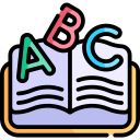 Icono de un libro abierto con letras del alfabeto, representando la educación y el aprendizaje. Ideal para temas de alfabetización y recursos educativos.